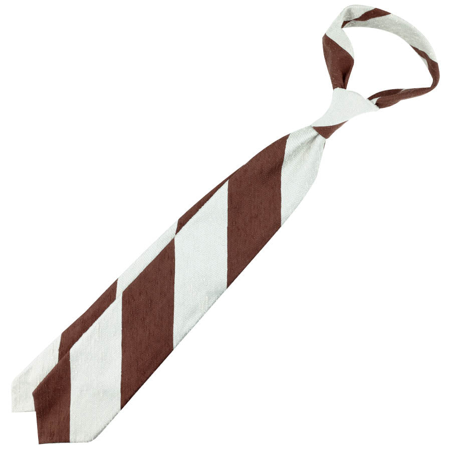 Block Stripe Shantung Silk Tie - White / Brown