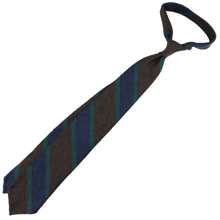 Striped Soft Shantung Silk Tie - Brown / Navy / Forest