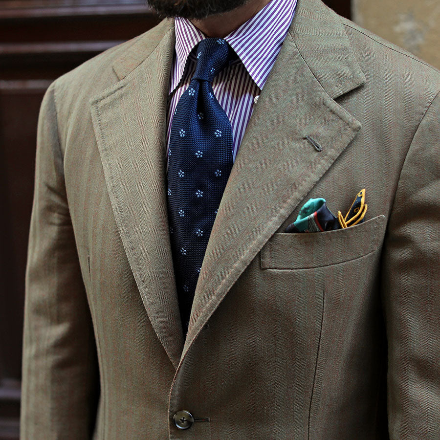 Floral Fina Grenadine Silk Tie - Navy - Hand-Rolled
