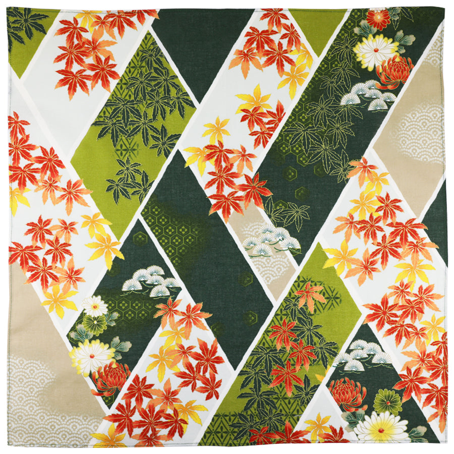 Momiji Leaves Motif Cotton Handkerchief - Olive / Cream
