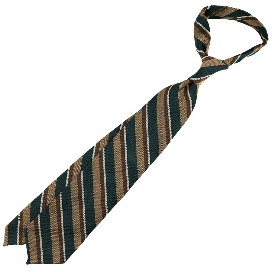 Striped Fina Grenadine Silk Tie - Forest / Beige - Hand-Rolled