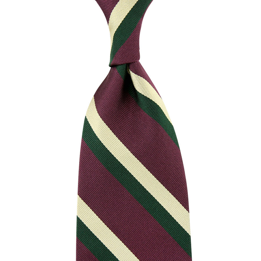 Repp Stripe Silk Tie - Eggplant / Forest / Ivory - Hand-Rolled
