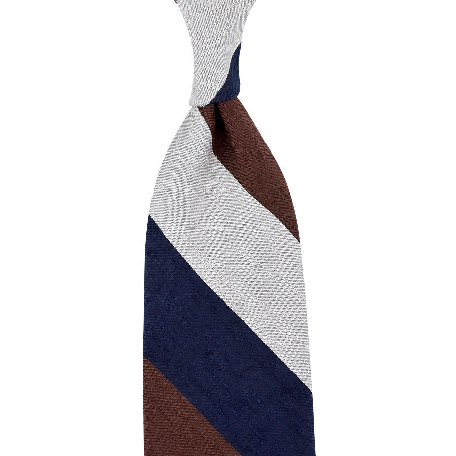Triple Block Stripe Shantung Silk Tie - Navy / Brown / Ivory