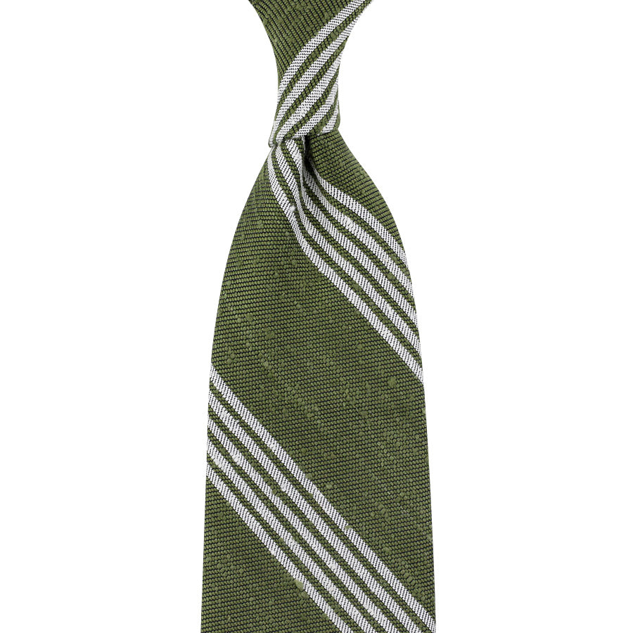Striped Soft Shantung Silk Tie - Olive / White - Hand-Rolled