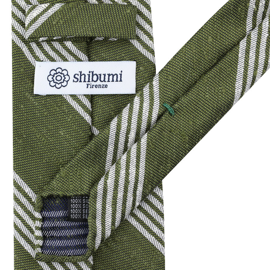 Striped Soft Shantung Silk Tie - Olive / White - Hand-Rolled