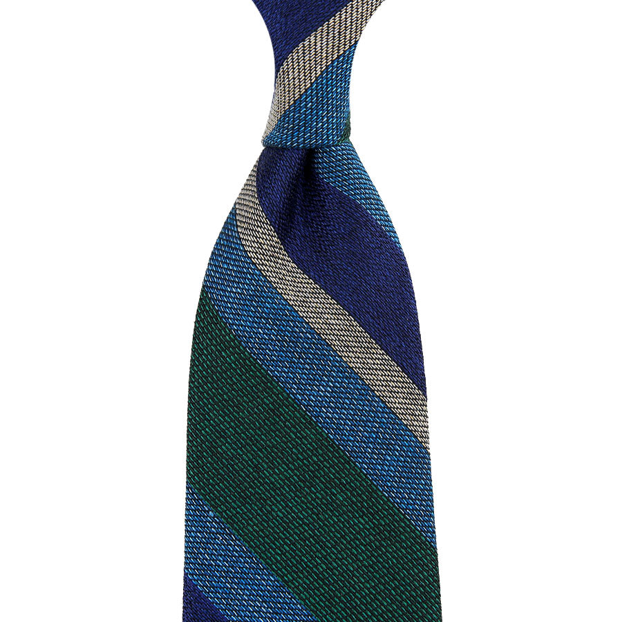 Striped Fina Grenadine Silk / Cotton / Wool Tie - Blue / Green / Ivory