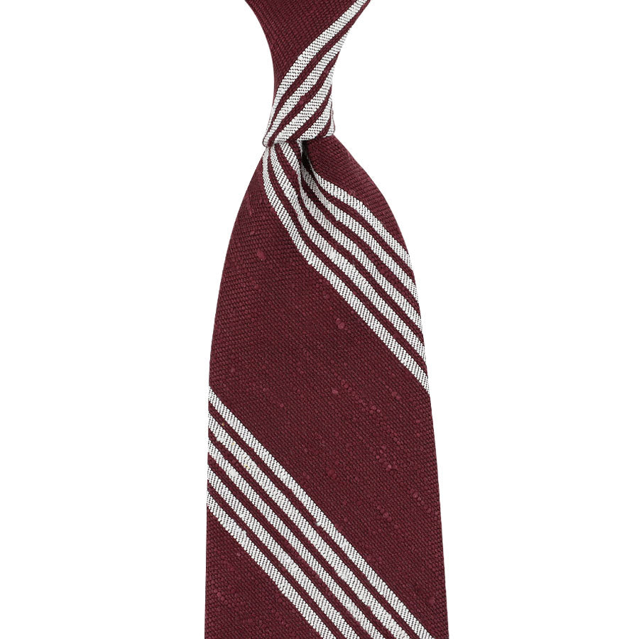 Striped Soft Shantung Silk Tie - Burgundy / White - Hand-Rolled