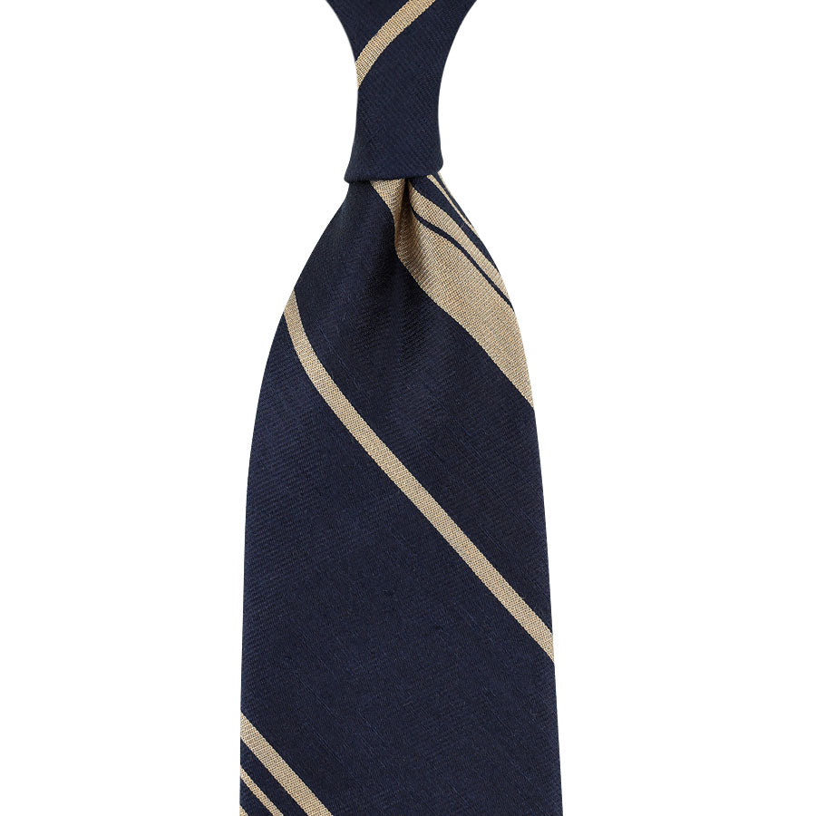 Repp Stripe Silk / Cotton Tie - Navy / Beige - Hand-Rolled