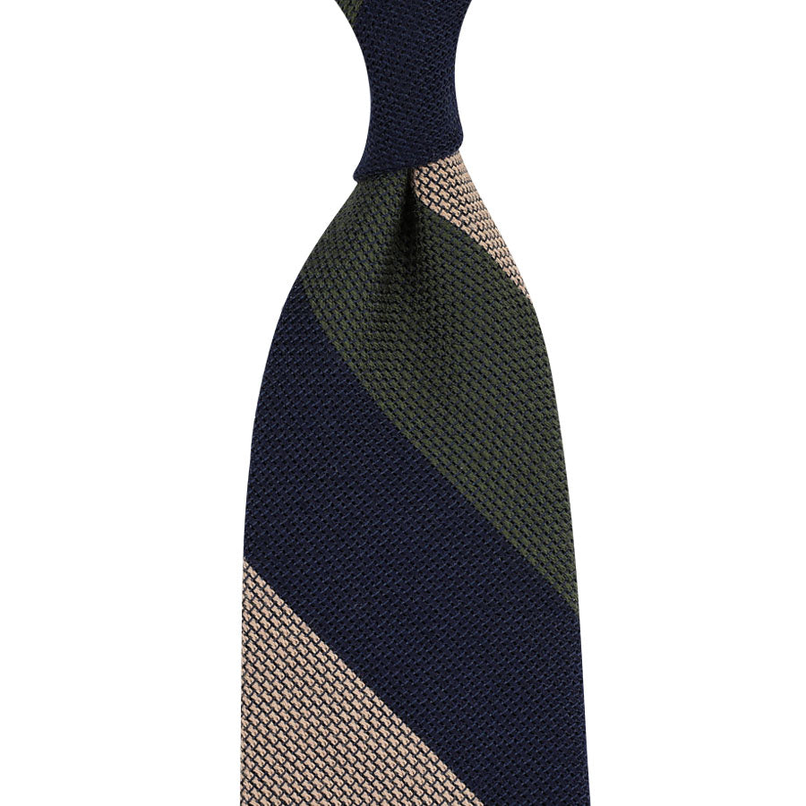 Triple Block Stripe Cashmere / Silk Grenadine Tie - Navy / Olive / Beige
