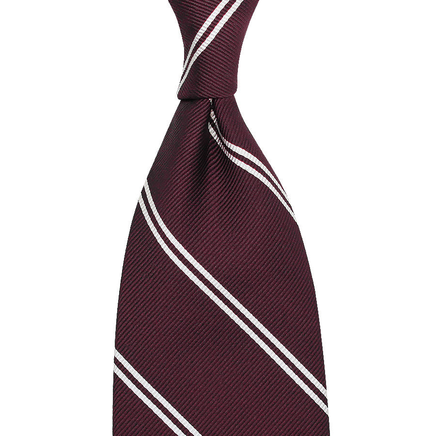 Double Bar Super Repp Stripe Silk Tie - Burgundy - Hand-Rolled