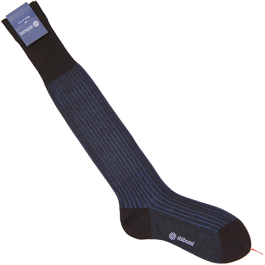 Knee Socks - Shadow Stripes - Espresso / Blue - Pure Cotton