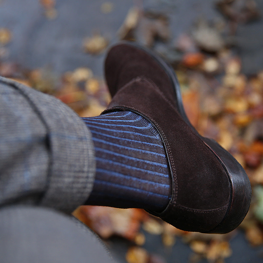Knee Socks - Shadow Stripes - Espresso / Blue - Pure Cotton