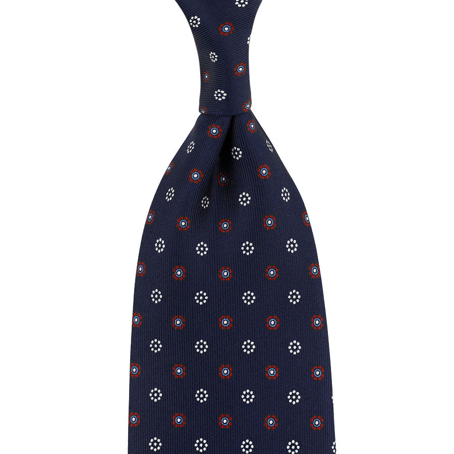 Floral Printed Silk Tie - Navy - Hand-Rolled