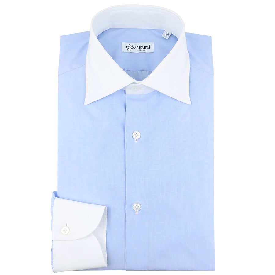 Poplin Semi Spread Shirt - Sky Blue / White - Contrast Collar Shibumi Firenze Poplin Semi Spread Shirt - Sky Blue / White - Contrast Collar Shibumi Firenze
