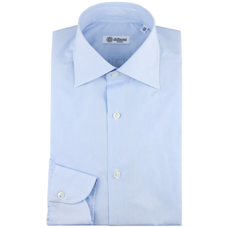 Poplin Semi Spread Shirt - White / Blue - Hairline Stripe