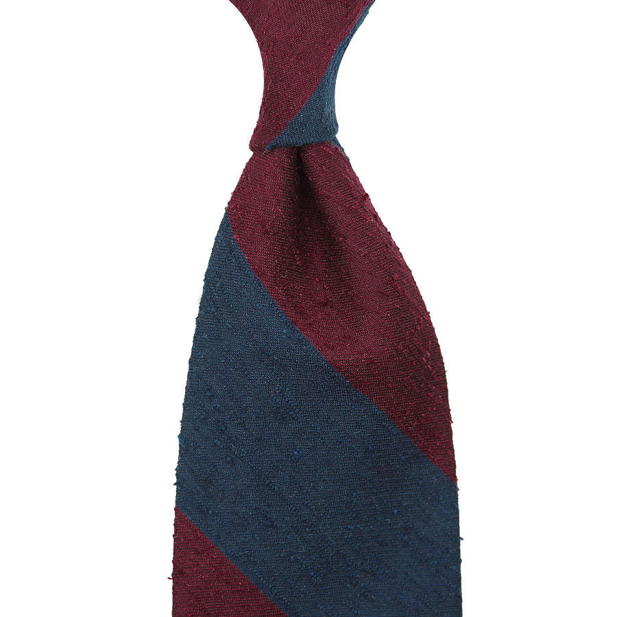Block Stripe Shantung Silk Tie - Navy / Burgundy - Hand-Rolled