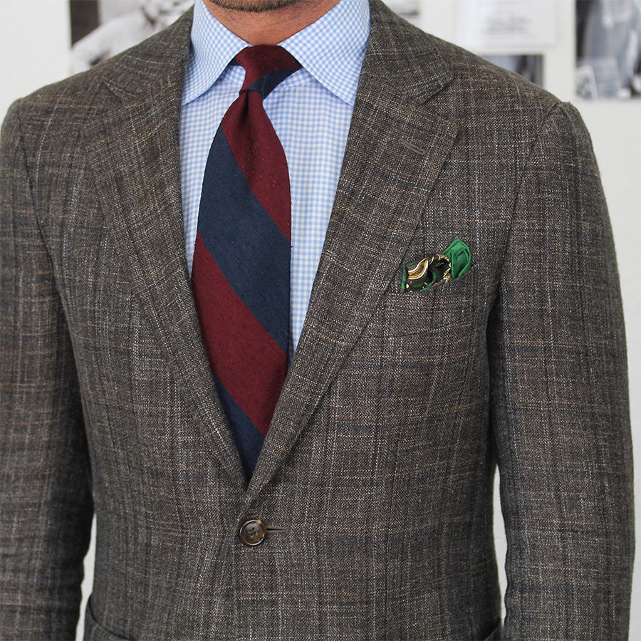 Block Stripe Shantung Silk Tie - Navy / Burgundy - Hand-Rolled