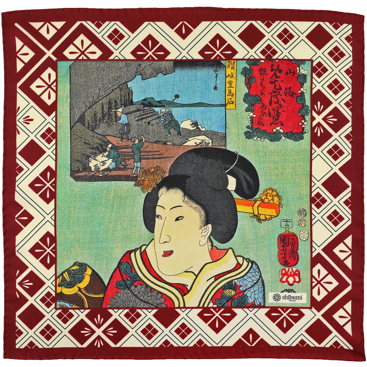 Ukiyo-e Silk Pocket Square - Sanuki Teshima Seki - 40x40cm