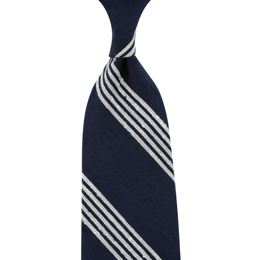 Striped Soft Shantung Silk Tie - Navy - Hand-Rolled