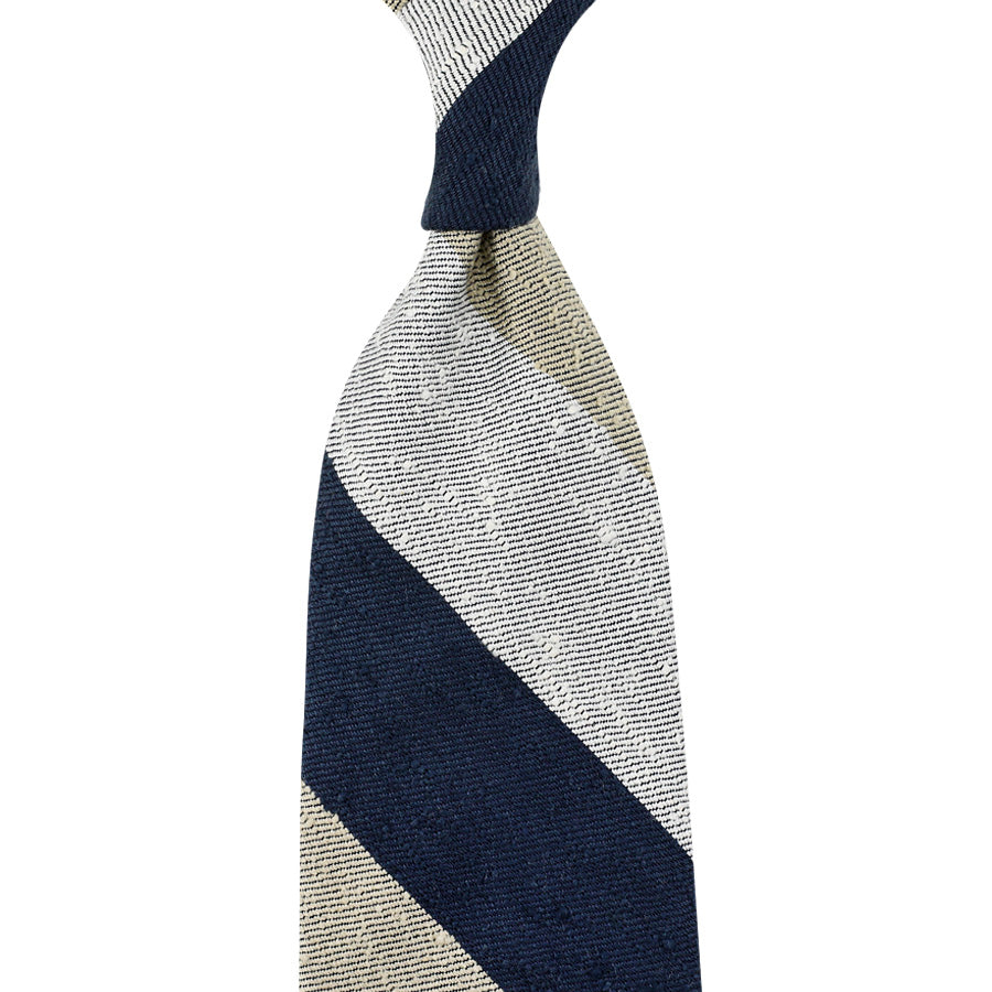 Triple Block Stripe Shantung Silk Tie - Navy / Beige / White