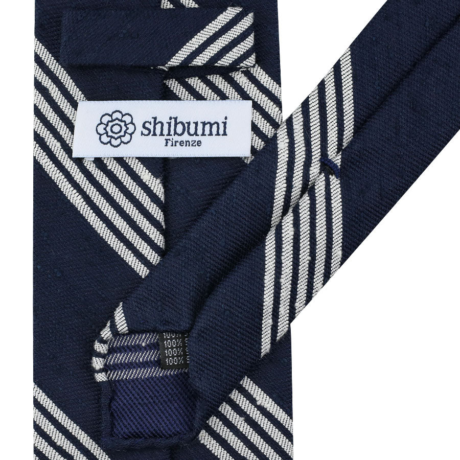 Striped Soft Shantung Silk Tie - Navy - Hand-Rolled