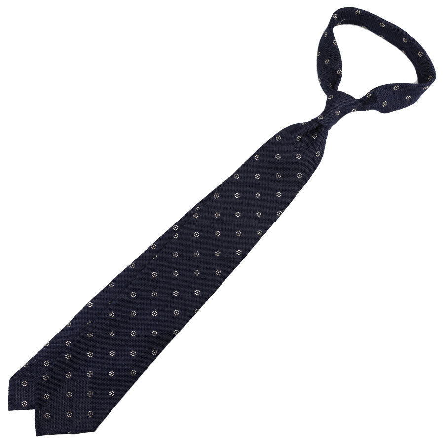 Floral Cashmere / Silk Grenadine Tie - Navy - Hand-Rolled