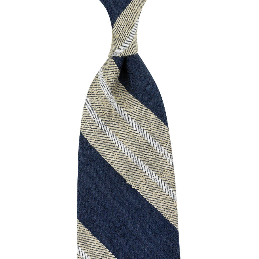 Striped Shantung Silk Tie - Navy / Beige - Hand-Rolled