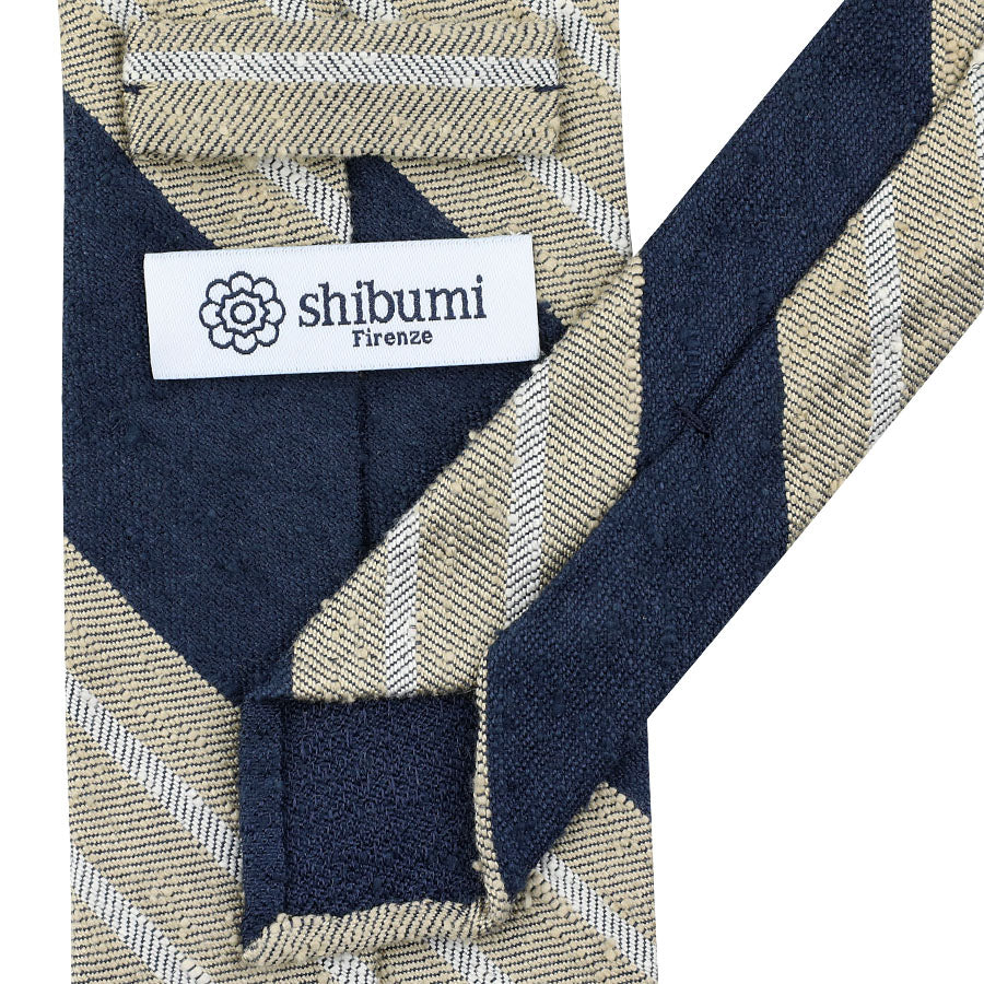 Striped Shantung Silk Tie - Navy / Beige - Hand-Rolled