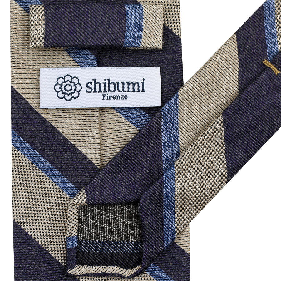 Striped Wool / Silk Tie - Beige / Navy - Hand-Rolled