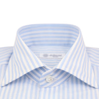 Cotton / Linen Semi Spread Shirt - White / Sky Blue - Butcher Stripe