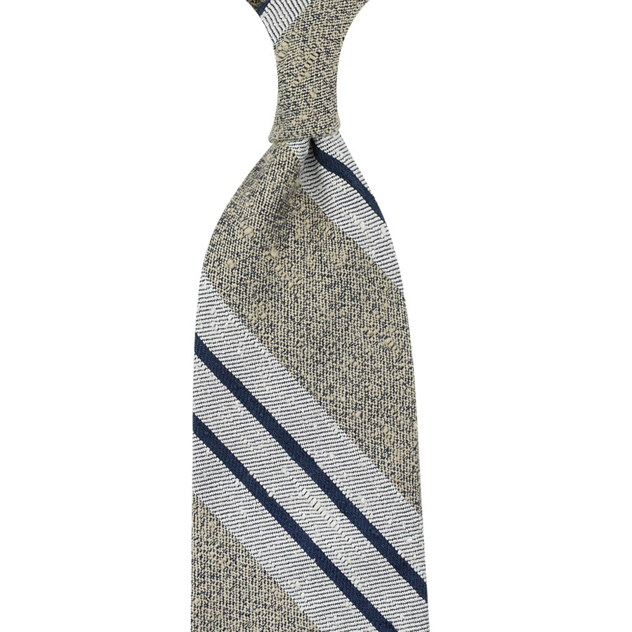 Striped Shantung Silk Tie - Beige / Navy - Hand-Rolled