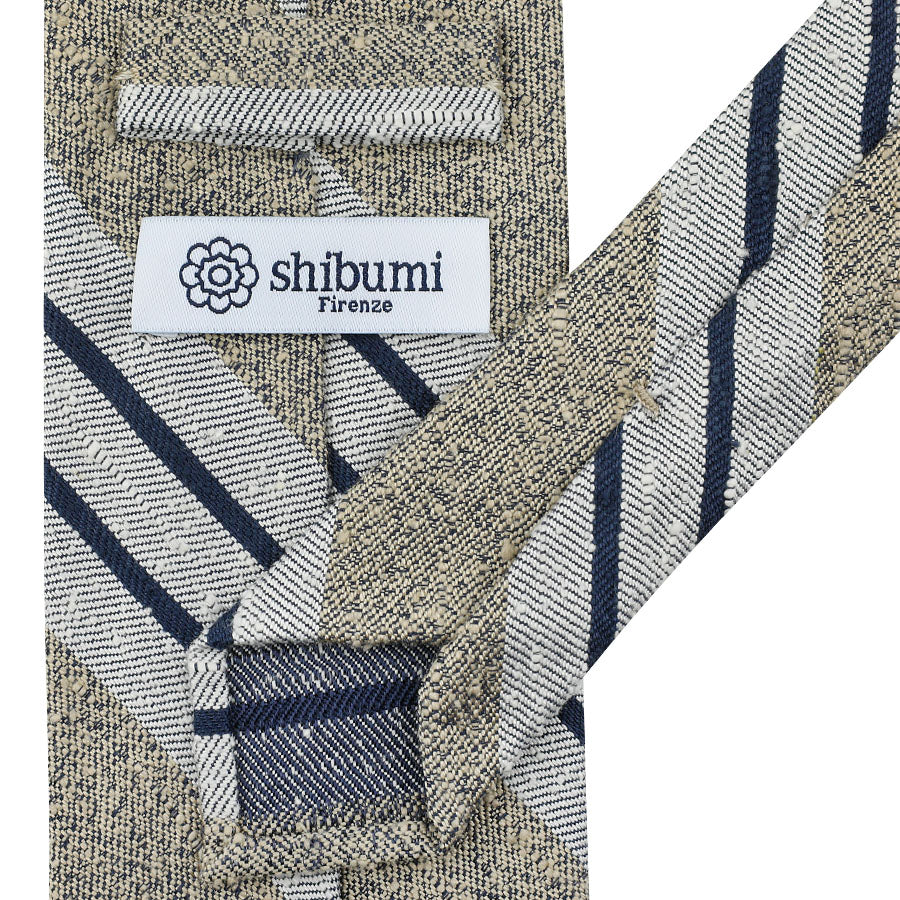 Striped Shantung Silk Tie - Beige / Navy - Hand-Rolled