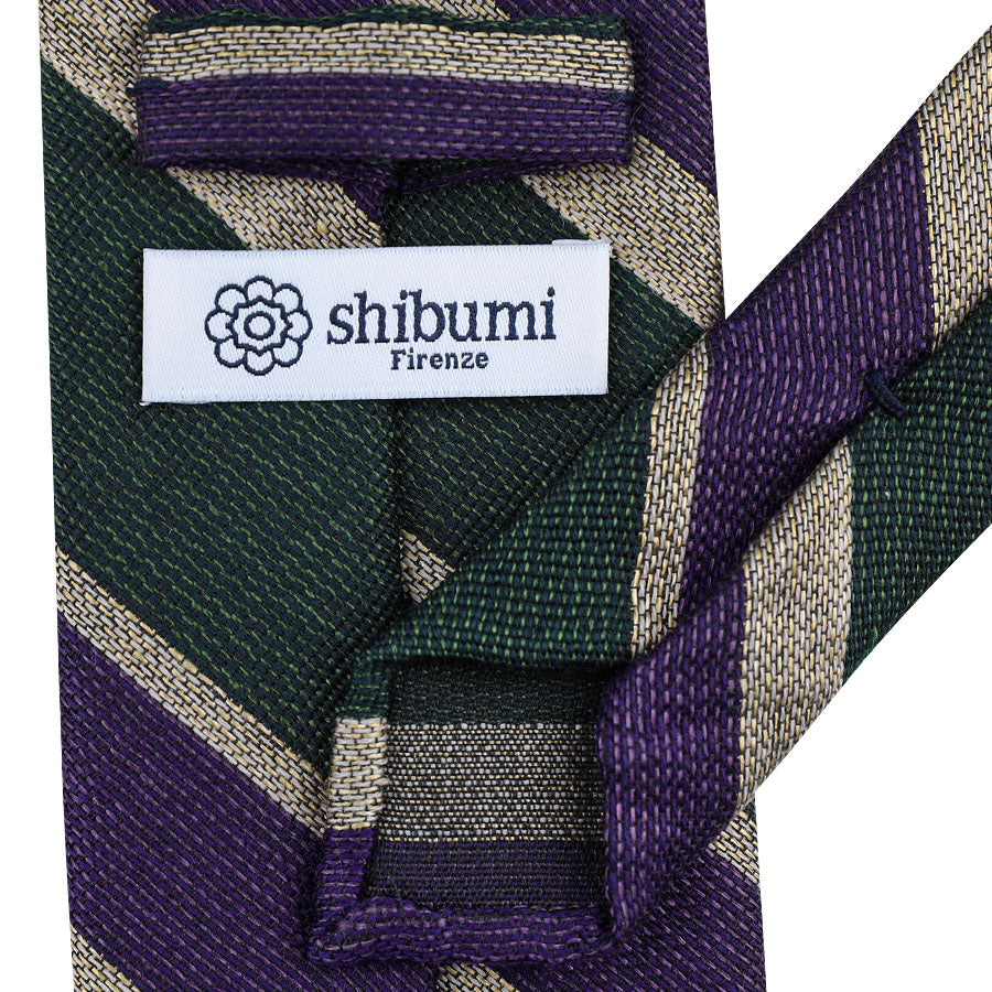 Striped Fina Grenadine Cotton / Wool / Silk Tie - Forest / Purple / Ivory