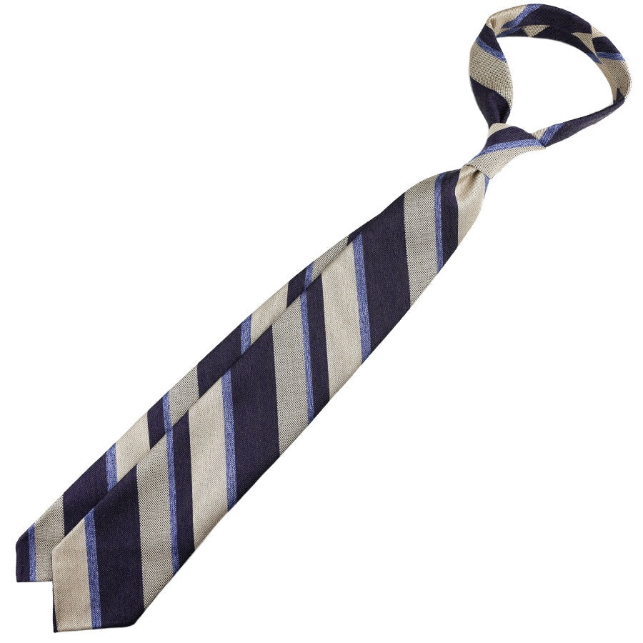 Striped Wool / Silk Tie - Beige / Navy - Hand-Rolled