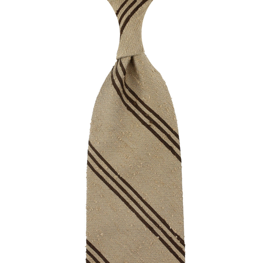 Triple Bar Shantung Silk Tie - Beige / Brown - Hand-Rolled