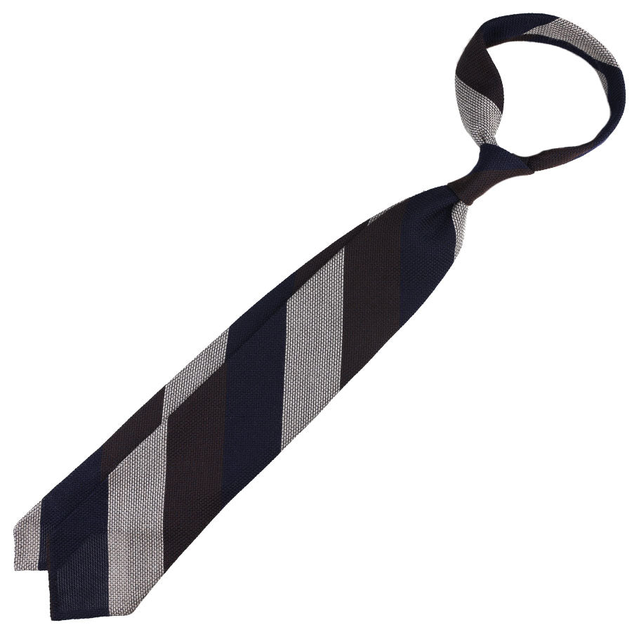 Triple Block Stripe Cashmere / Silk Grenadine Tie - Navy / Brown / Ivory