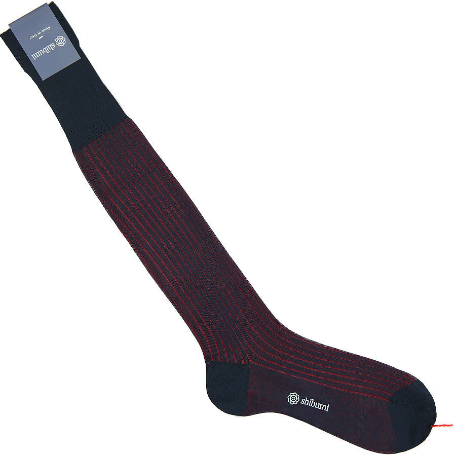 Knee Socks - Shadow Stripes - Navy / Red - Pure Cotton