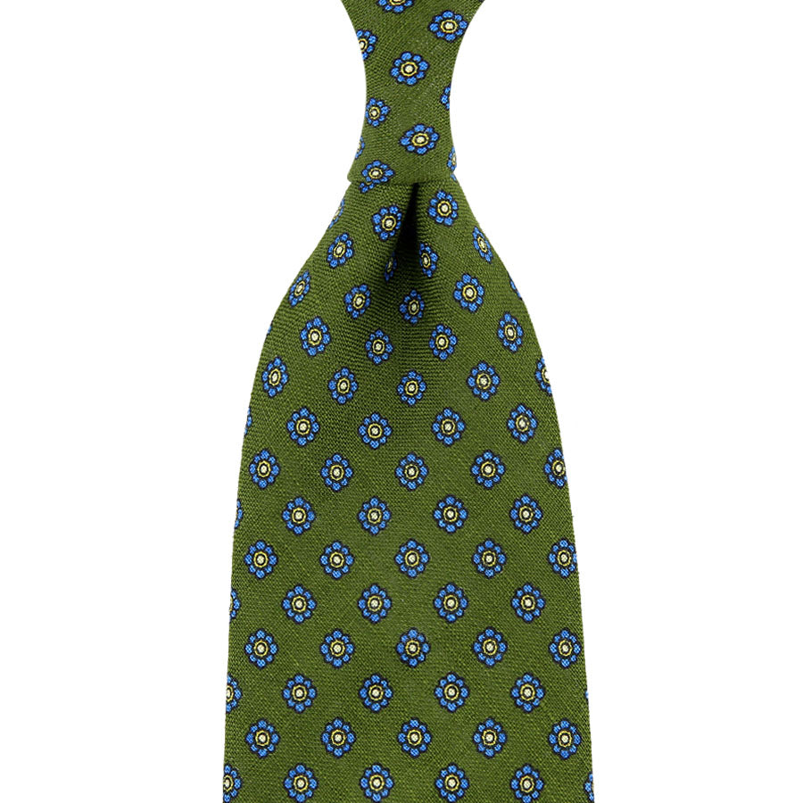 Shibumi-Flower Printed Linen Tie - Olive - Hand-Rolled