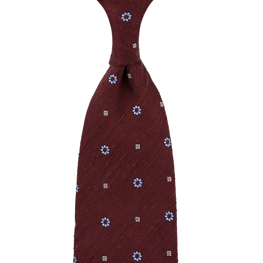 Floral Soft Shantung Silk Tie - Burgundy - Hand-Rolled