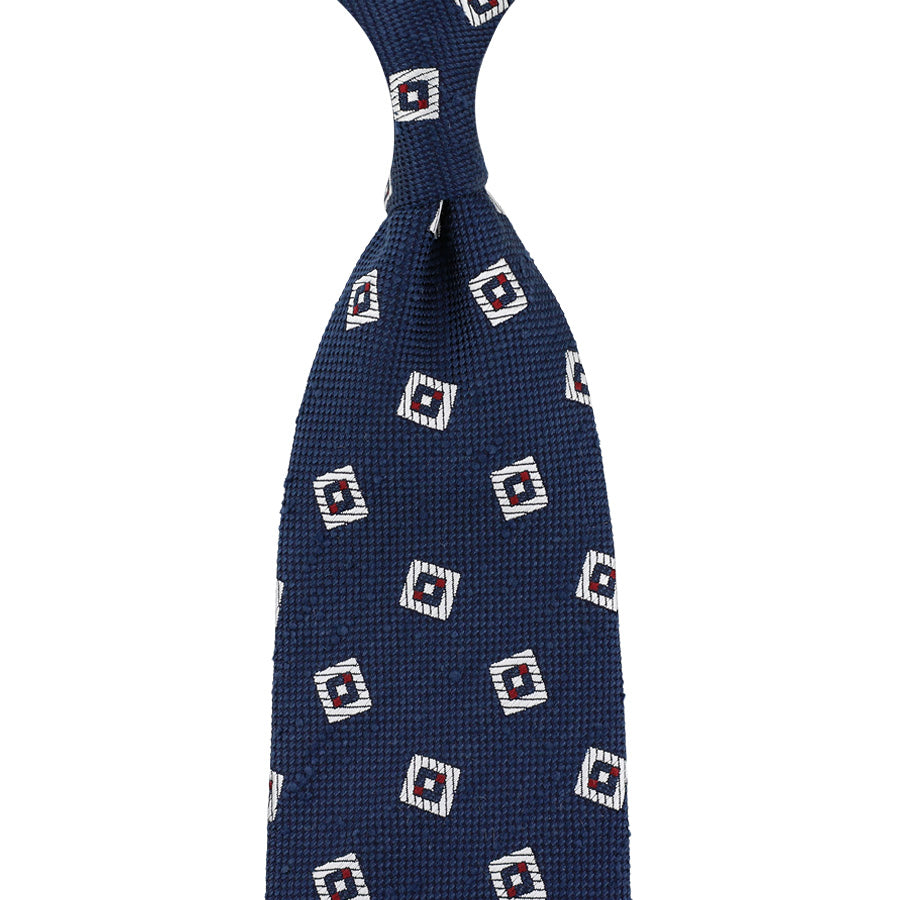 Geometrical Soft Shantung Silk Tie - Navy - Hand-Rolled