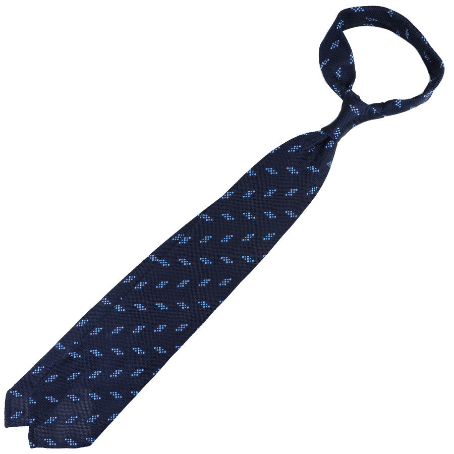 Geometrical Fina Grenadine Silk Tie - Navy - Hand-Rolled