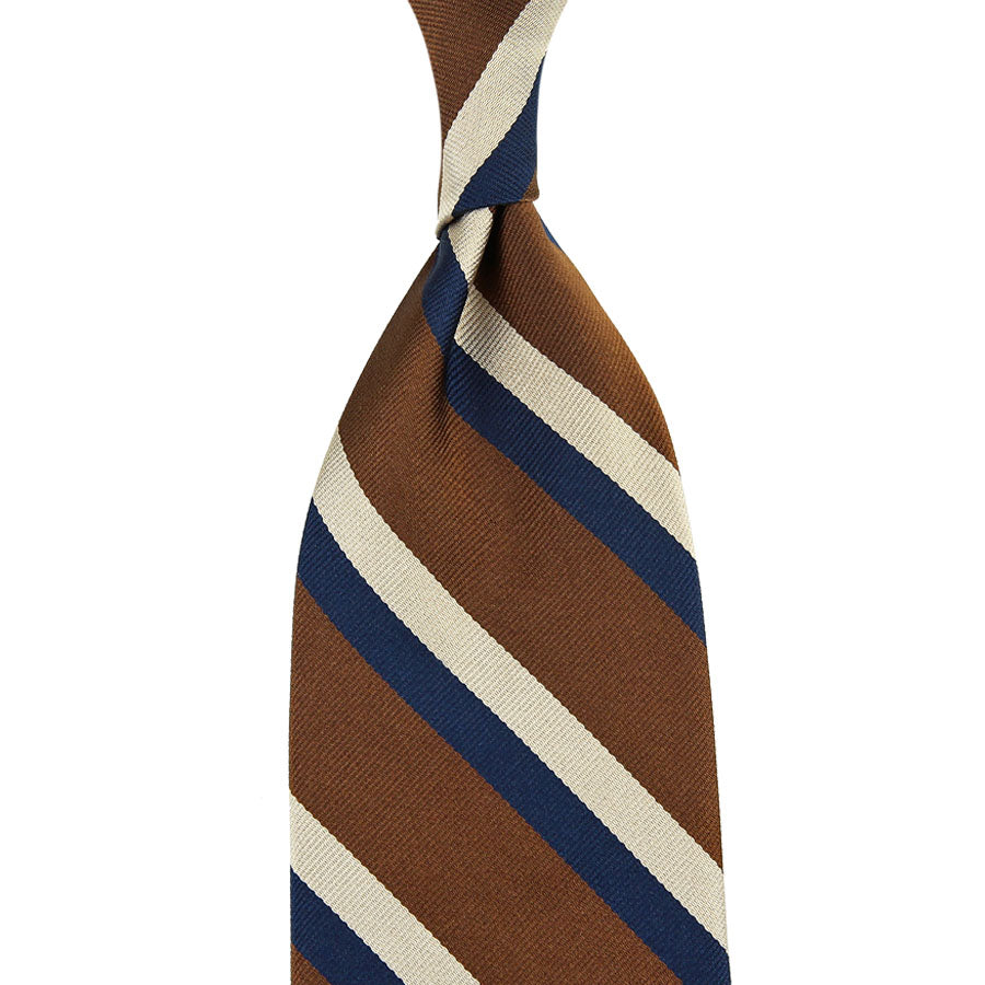 Repp Stripe Silk Tie - Copper / Ivory / Navy - Hand-Rolled
