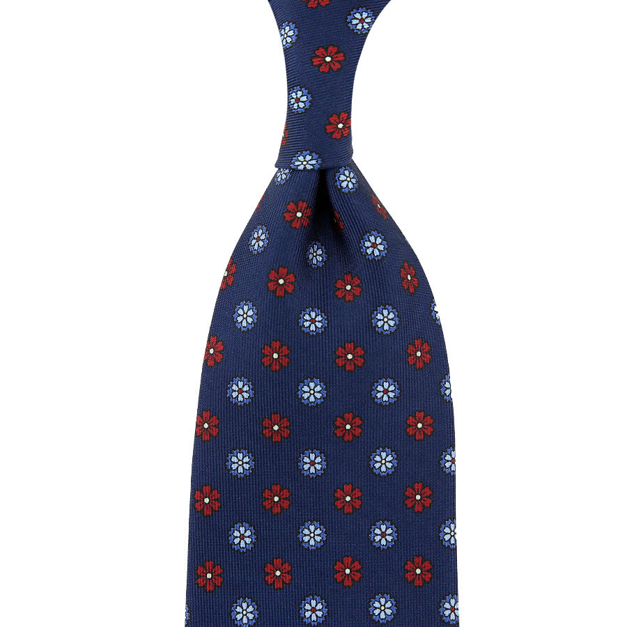 Floral Printed Silk Tie - Light Navy - Hand-Rolled