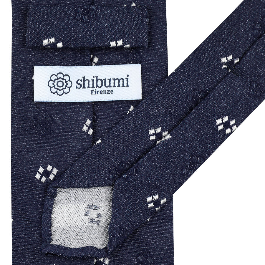Geometrical Silk / Cotton Tie - Denim - Hand-Rolled