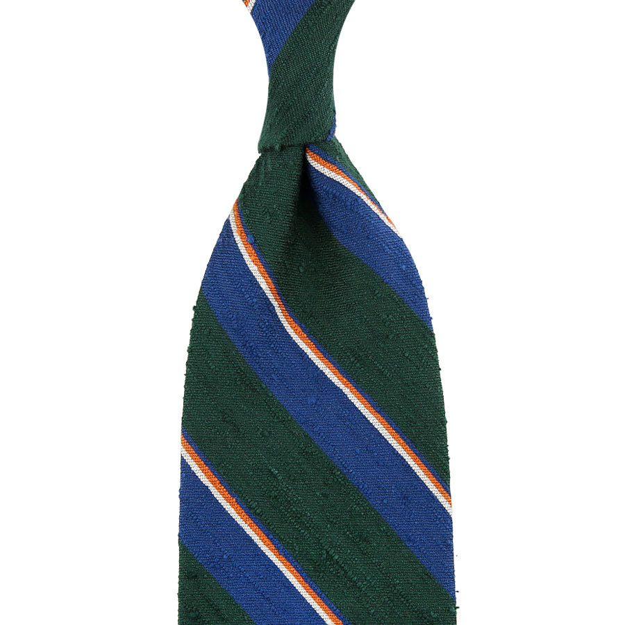 Striped Shantung Silk Tie - Forest / Blue - Hand-Rolled