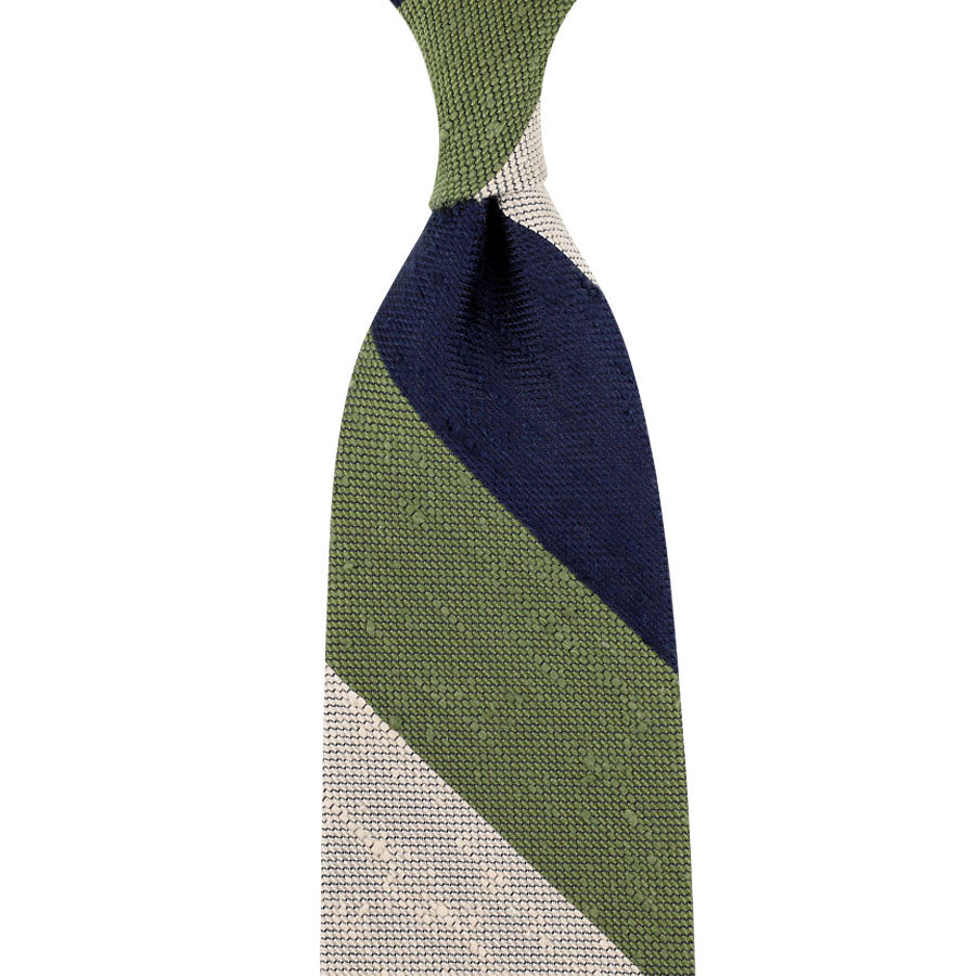 Triple Block Stripe Soft Shantung Silk Tie - Navy / Olive / Cream