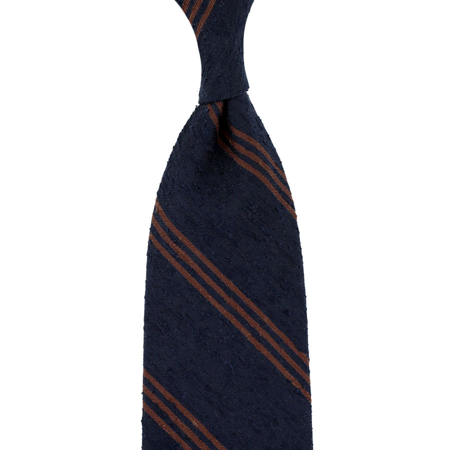 Triple Bar Shantung Silk Tie - Navy / Brown