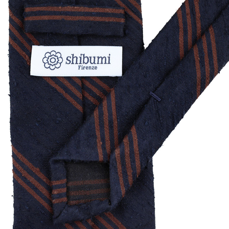 Triple Bar Shantung Silk Tie - Navy / Brown