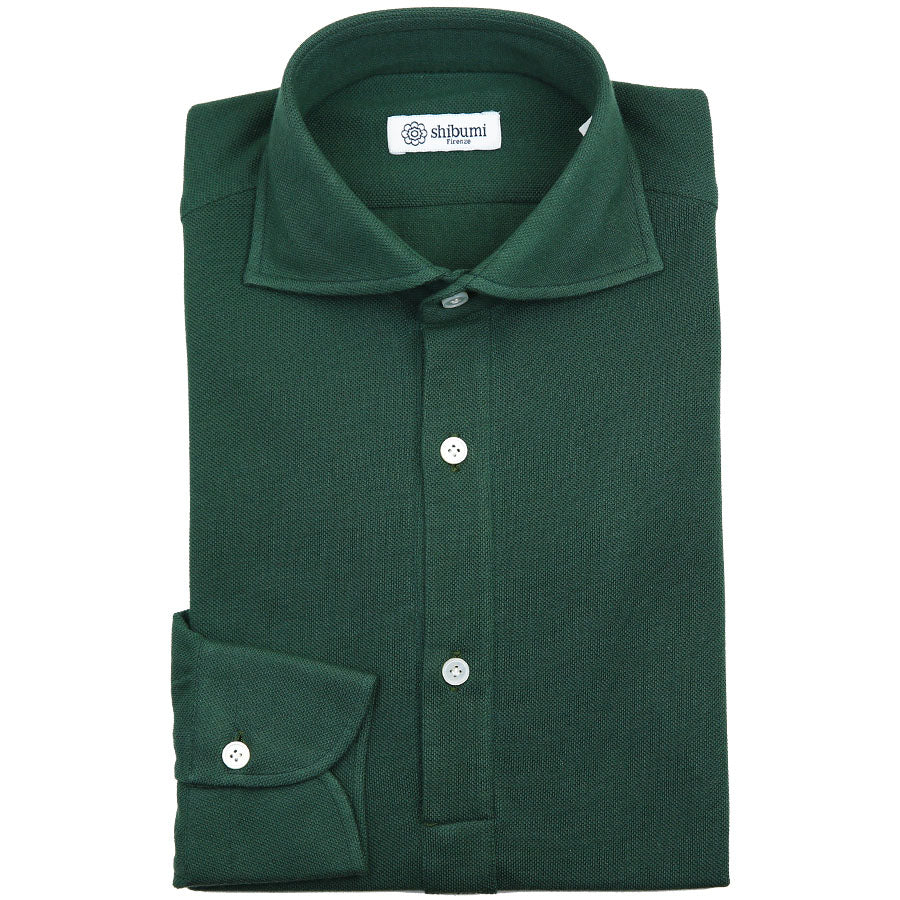 Long Sleeved Polo Shirt - Wide Spread - Dark Green - Regular Fit