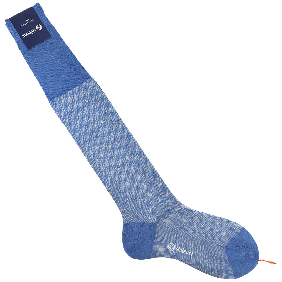 Knee Socks - Herringbone - Cornflower Blue - Pure Cotton